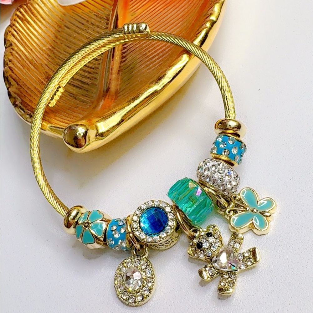 Gold and Blue Charm Stainless Steel 14K Gold Plated Bracelet